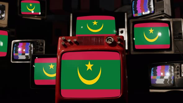 Flag of Mauritania on Retro TVs. 4K.