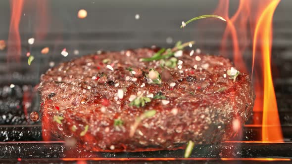 Super Slow Motion Shot of Seasoning Falling on Fresh Grilled Minced Meat at 1000 Fps alt