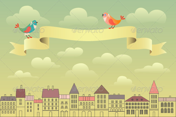 European Cityscape with Ribbon Banner - Travel Conceptual