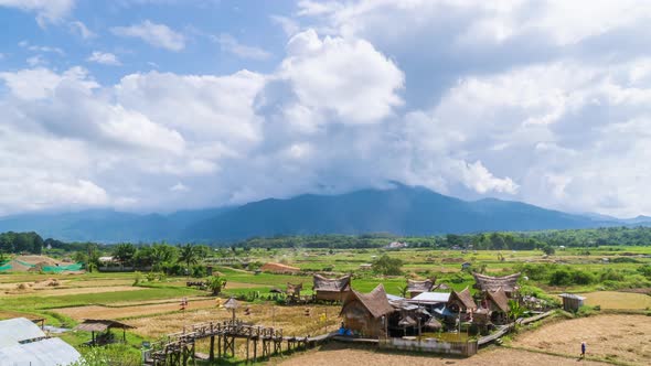 Beautiful rice paddy farming filed and village town at Pua district, Nan, Thailand - time lapse