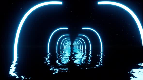 Blue Neon Gate on Water Futuristic Tunnel Motion Design Digital Abstract Background alt