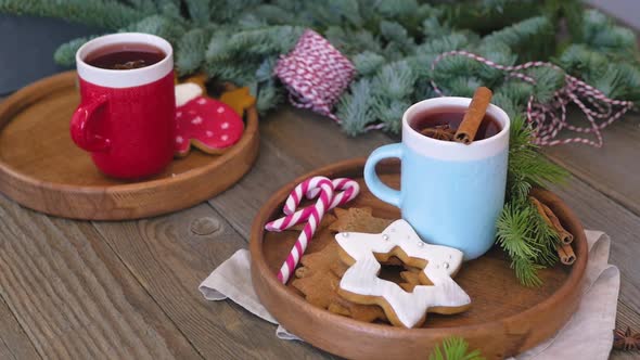 Hot Winter Drink: Chocolate in a Bare Mug. Christmas Time. Cozy Home Atmosphere, Wooden Background alt