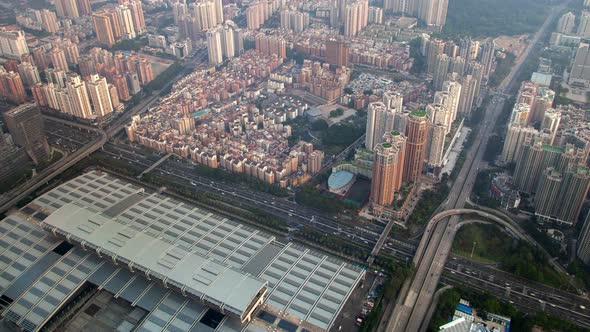 Shenzhen Central Business District Aerial Skyline Panorama Timelapse Pan Up alt