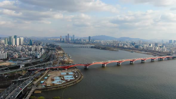 Seoul Dong Mapo Gu Seongsan Bridge Han River High Rise Building Road Traffic