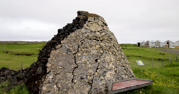Selatandar ruins in Grindavik, Iceland with gimbal video moving in slow motion. alt