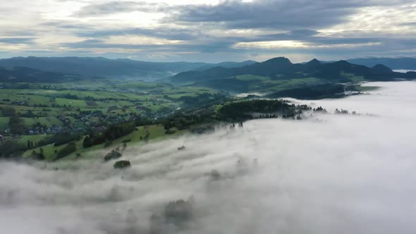 Fog moving over field in Pieniny mountains, Poland