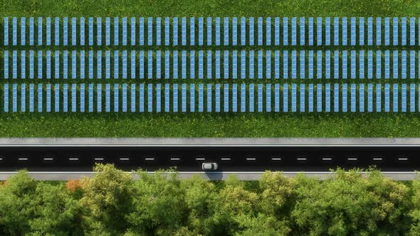 Aerial View of Forest Road Surrounded By Trees and Solar Panels