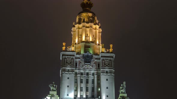 Tower of The Main Building Of Moscow State University On Sparrow Hills At Winter Timelapse alt