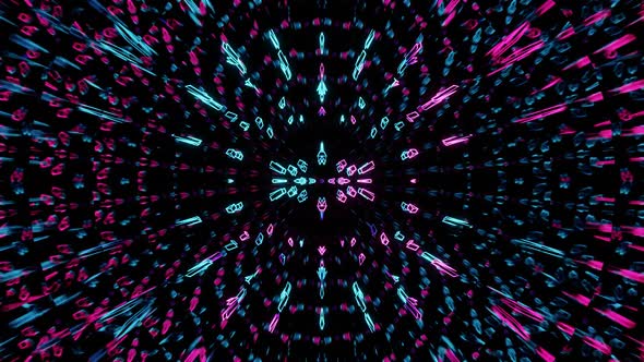 Abstract geometry motion. Kaleidoscopic animation. Neon glowing colors.