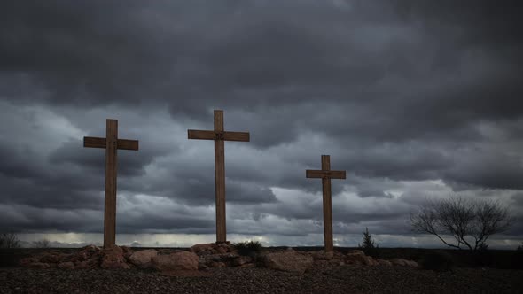 Ominous Storm Clouds with Three Christian Crosses Timelapse Wide Shot