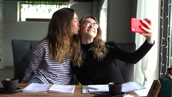 Woman Friends Hugging and Make Selfie Photo Together