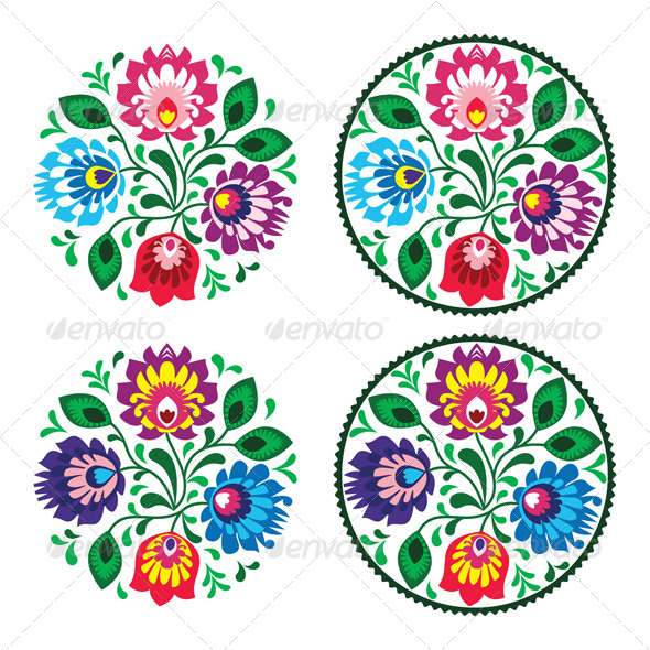 Ethnic Round Polish Embroidery with Flowers - Flourishes / Swirls Decorative