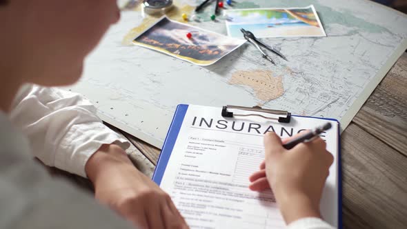 Travel Insurance Air Flights, Saving One's Life, A Tourist Signs A Form Paper Life Insurance For Air alt