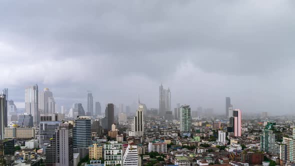 Bangkok business district during rain or rainstorm, panning right - Time Lapse