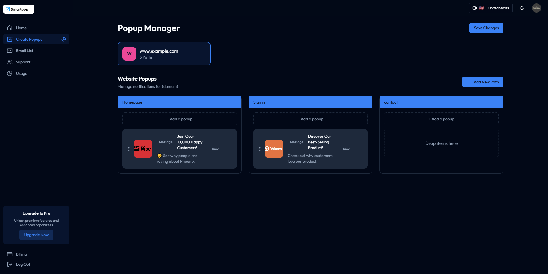 SmartPop SaaS Popup Builder dashboard