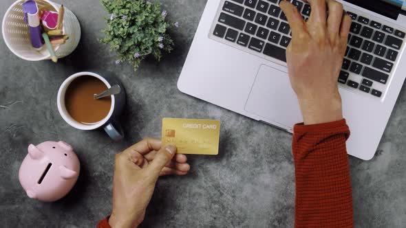 Man customer hands holding credit card and using laptop computer alt
