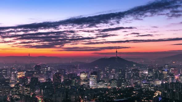 sunrise Seoul City Skyline with Seoul Tower South Korea 