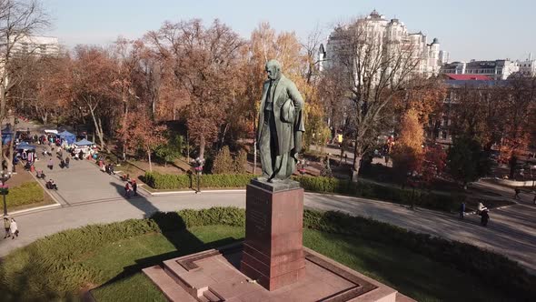 Aerial View to Monument of Taras Shevchenko at Kyiv Park