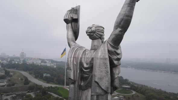 Symbol of Kyiv, Ukraine: Motherland Monument. Aerial View, Slow Motion. Kiev alt