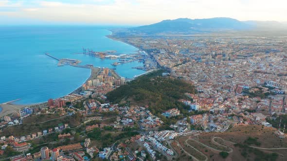 Malaga, Spain. A Panorama Shot By a Drone Over Malaga. City Buildings and Seaside View alt