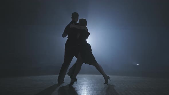 Silhouette of Dancers in Smoky Ballroom. Young Couple Dance Tango in Dark Room alt