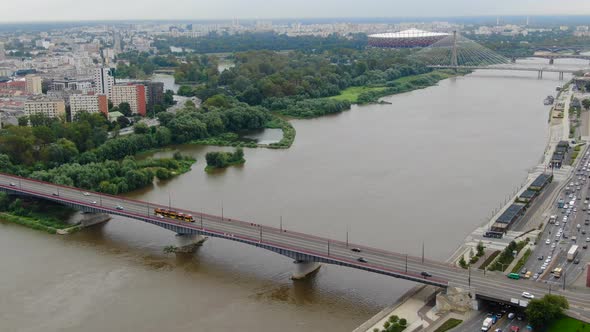 Flying over Vistula (Wisla) river in Warsaw, capital of Poland, Europe alt