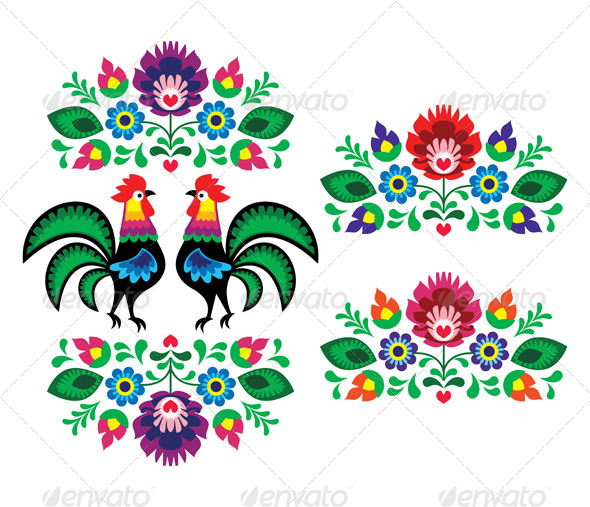 Polish Ethnic Floral Embroidery with Roosters - Flourishes / Swirls Decorative