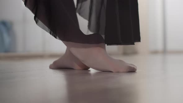 Close-up of a Ballerina's Feet on a Wooden Floor During a Warm-up Session in a Dance Hall alt