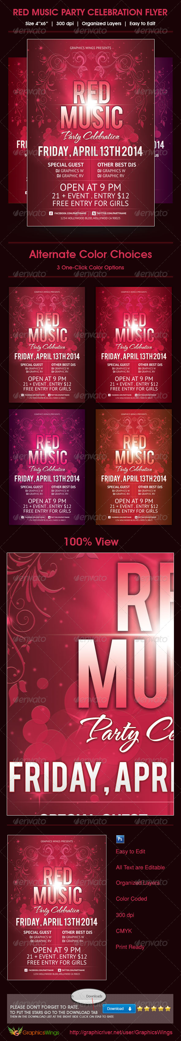 Red Music Party Celebration Flyer Template - Clubs & Parties Events