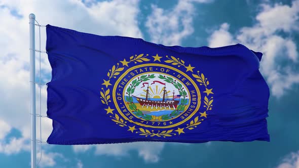 New Hampshire Flag on a Flagpole Waving in the Wind Blue Sky Background alt