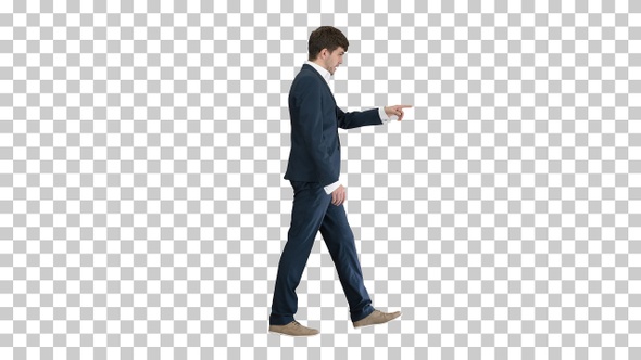 Businessman walking and explaining something, Alpha Channel alt