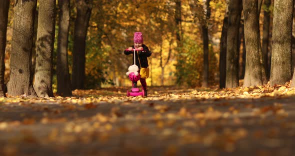 Pretty Little Girl in Black Jacket Smiles and Rejoices in the Autumn Park