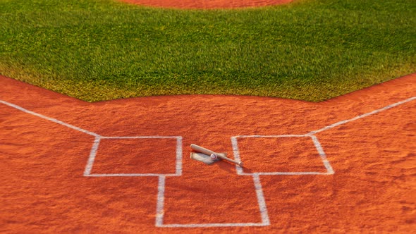 A home base with ball and bat. The camera zooms out showing vast baseball field alt