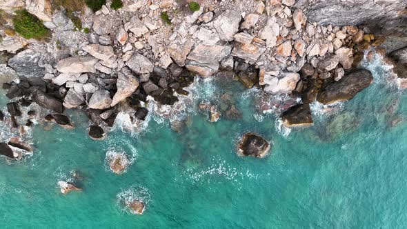 Awesome azure sea rocky texture aerial view 4 K Turkey Alanya alt