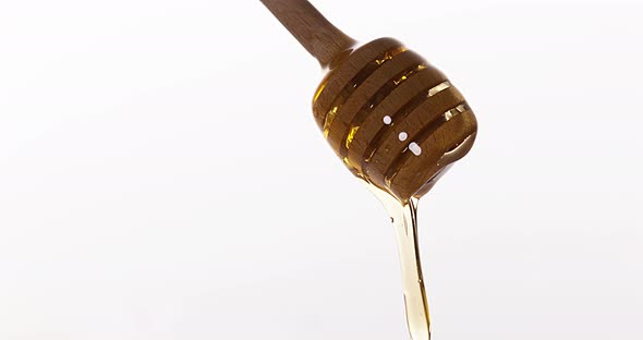 Honey Flowing from Spoon against White Background, Real Time 4K