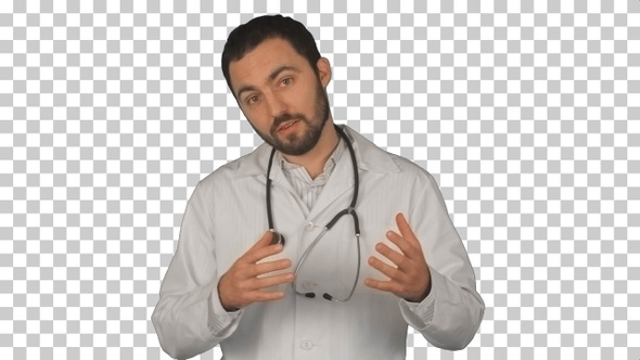 Young male doctor gesturing and looking, Alpha Channel