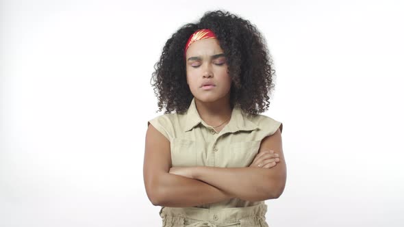 Slow Motion Portrait Skeptical Africanamerican Girl Look Judgemental Squinting As Hear Out alt
