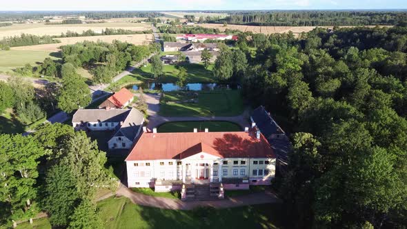 Aerial View of the  Durbe Manor Castle, Tukums, Latvia. Old Mansion of Former Russian Empire.  alt