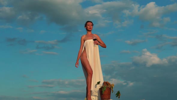 Sensual Young Woman with Glass of Wine. Sexy Female Body. Sommelier. alt