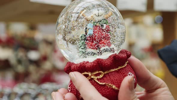 Close-up of Snowy Christmas Globe Toy in Female Hands alt