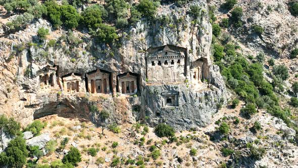 Dalyan,Mugla. Turkey. Shooting of Dalyan Rock Tombs with drone. Kaunos ancient city aerial view. alt