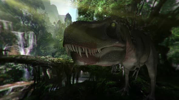 Tyrannosaurus hunting in the forest