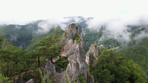 Aerial view of the Sulov rocks nature reserve in the village of Sulov in Slovakia alt