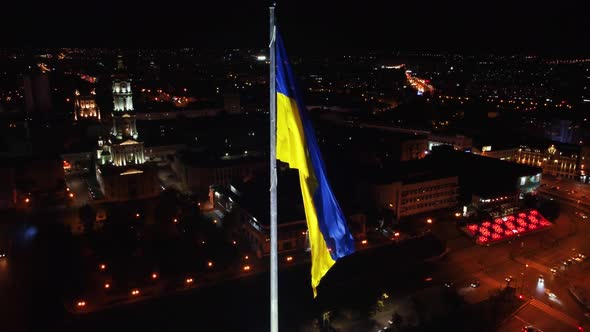 Flag of Ukraine, Kharkiv city center night aerial