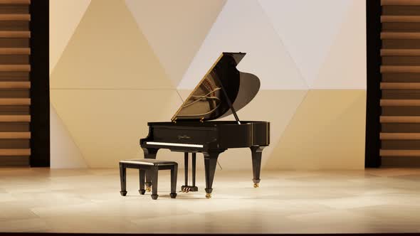 Luxury Grand Piano on stage in a big contemporary, modern concert hall. 4K HD