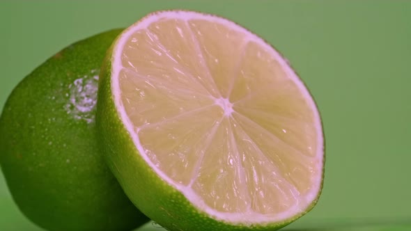 Closeup of Two Halves of Fresh Lime Rotating on a Green Background