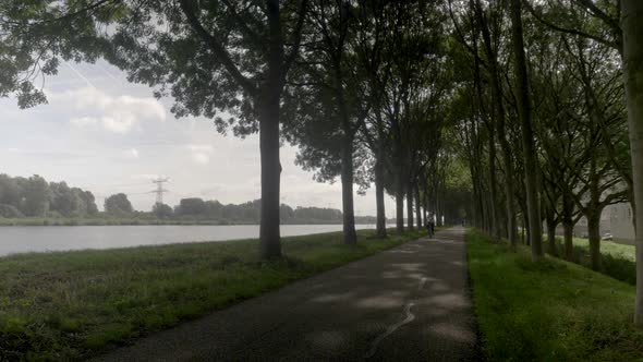 Woman cycling on road in a typical Dutch village countryside. Bicycle lane road with green grass and alt
