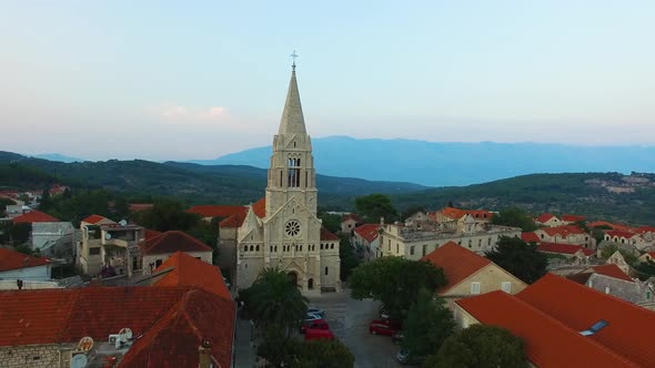 A 180’ view of St. Nicholas Church in Selca Croatia Europe alt