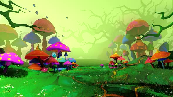 Fantastic Forest And Bright Mushrooms