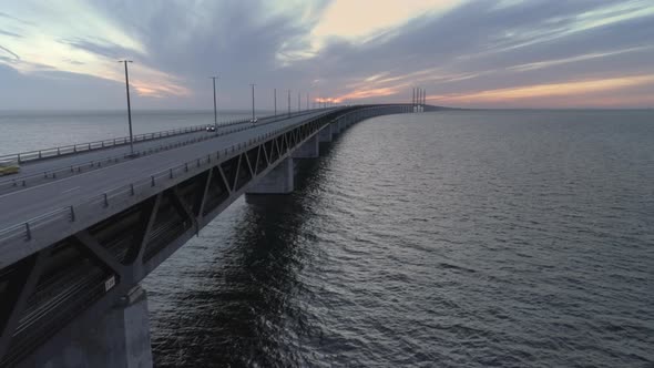 Drone Shot Flying Down Next to Øresund Bridge